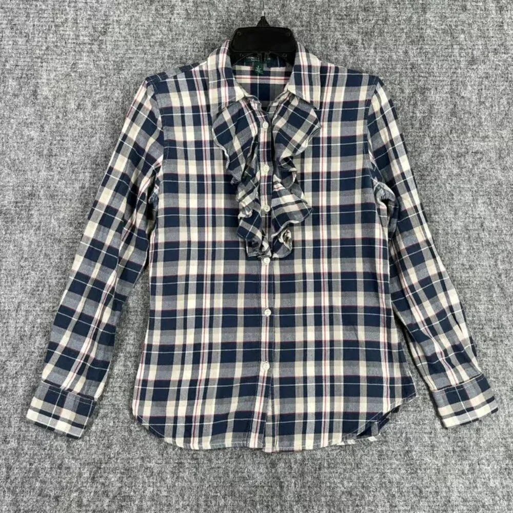 Ralph Lauren Shirt Womens S Plaid Ruffle Neck Western Rodeo Business Casual - Picture 1 of 5